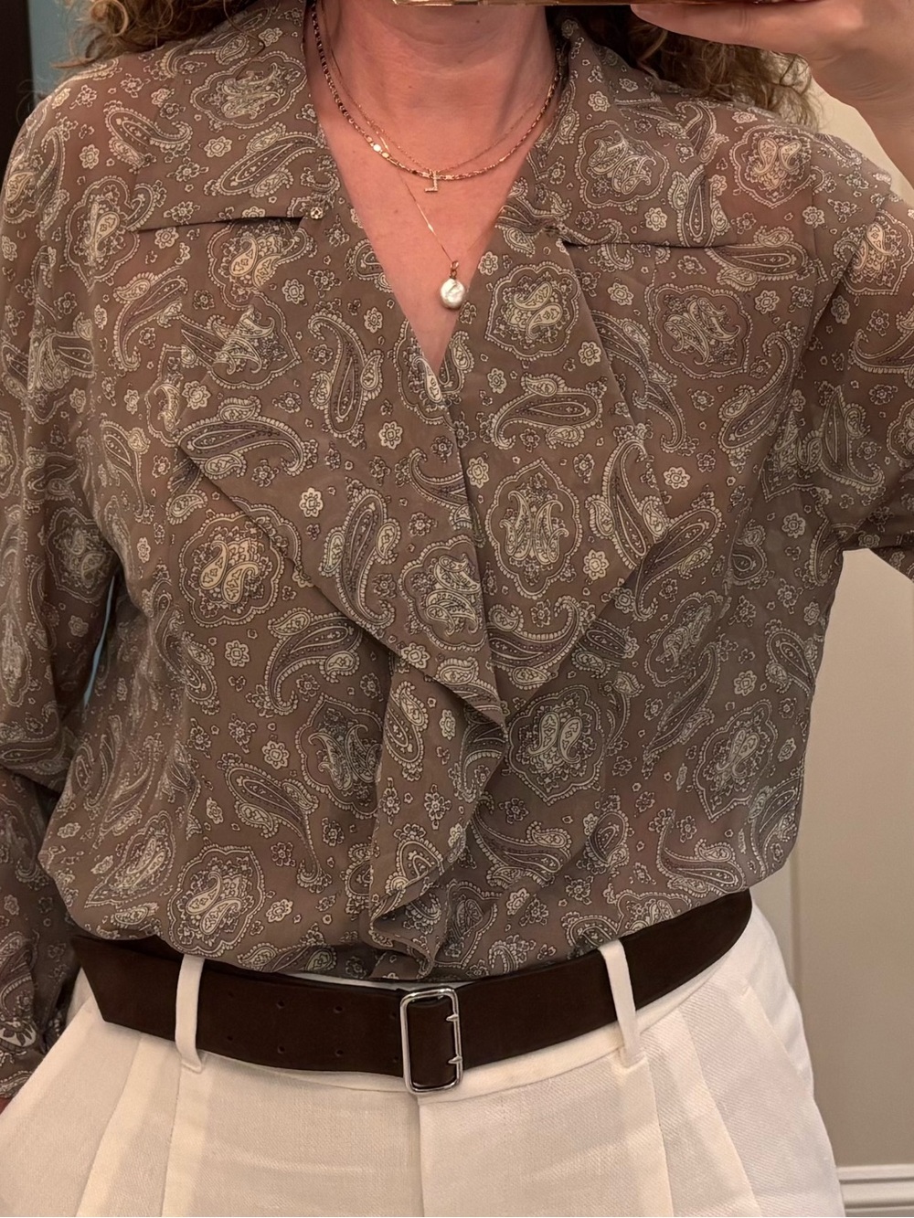 Taupe Paisley Ruffle-Front Blouse